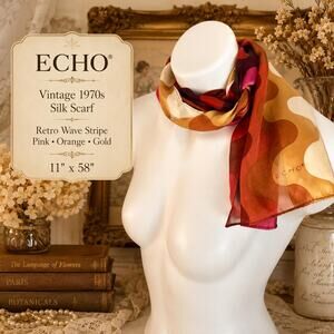 Vintage 1970s Echo Silk Scarf Retro Wave Stripe Pink Orange Gold 11x58